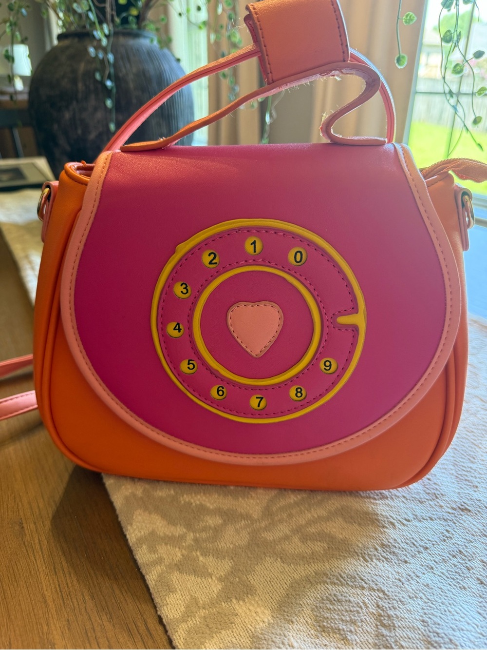 Women's Pink & Orange Crossbody Bag with Rotary Phone Dial Accent